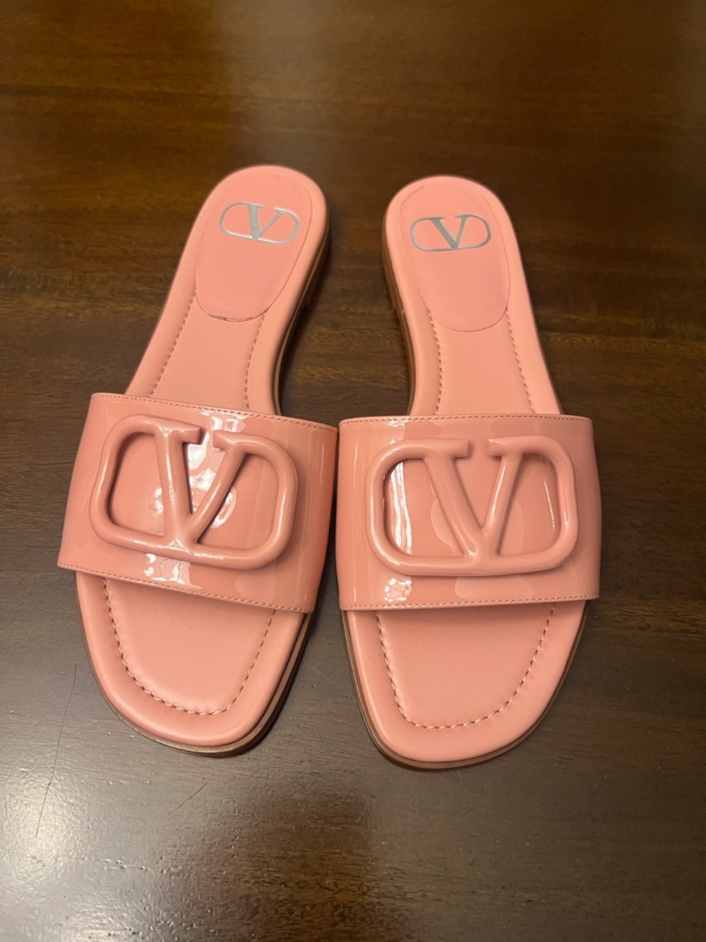 Valentino Pink Patent Logo Slide Sandals